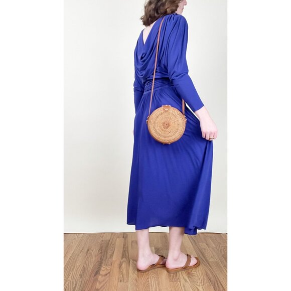 Vintage Draped Pleated Open Back Midi Dress Long Sleeve Wedding Guest 80s 90s - Picture 2 of 8